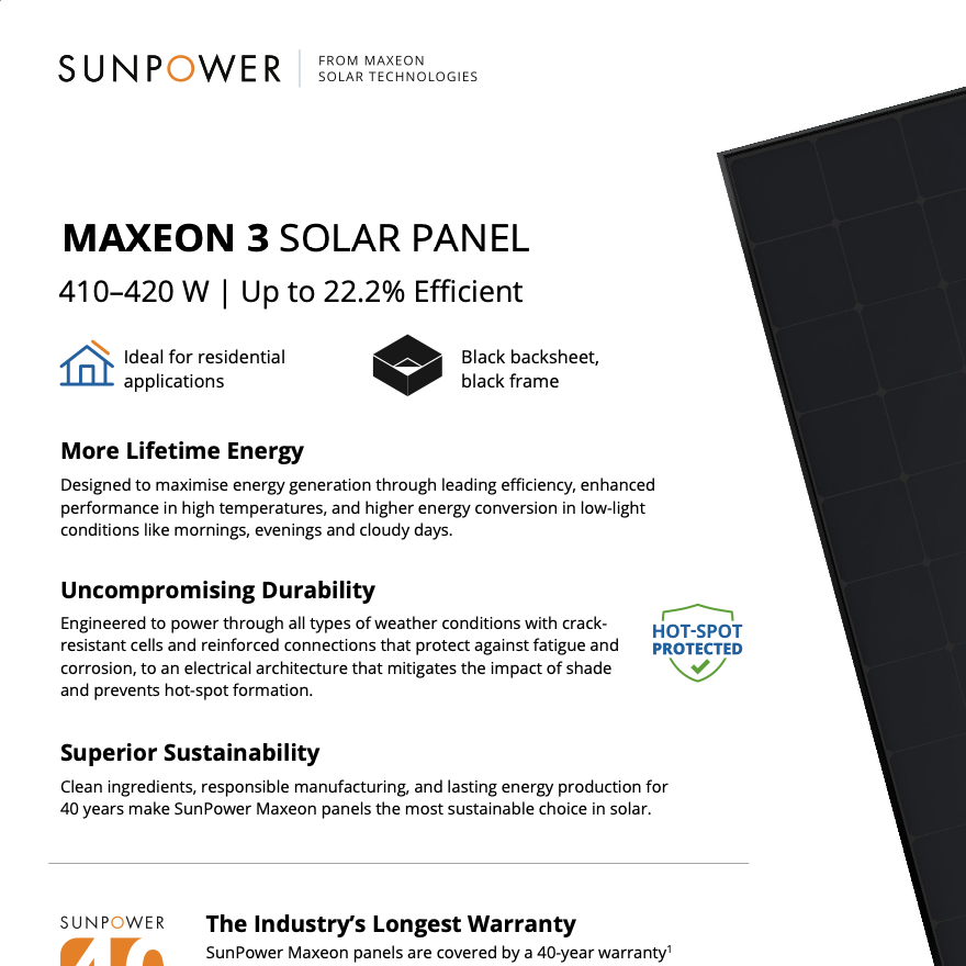 Maxeon 3 (410–420 W) Panel Datasheet
